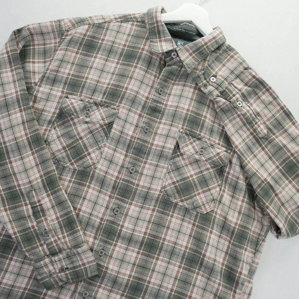 Kuhl Mens Hollowcore XL Plaid Button Down Shirt Green Brown Long Sleeve